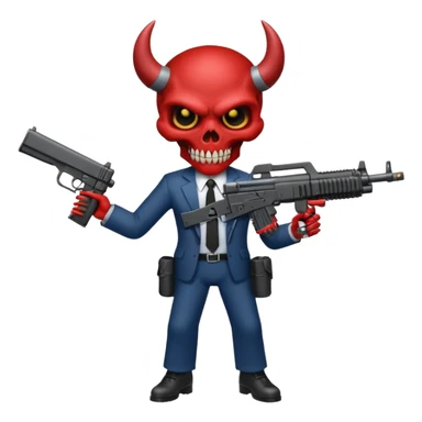 A Demon from hell that is dressed like a fbi agent with a machine gun, full body pointing the machine fun to the left. In the style of your bleeding skull artwork. Just one machine gun sticker