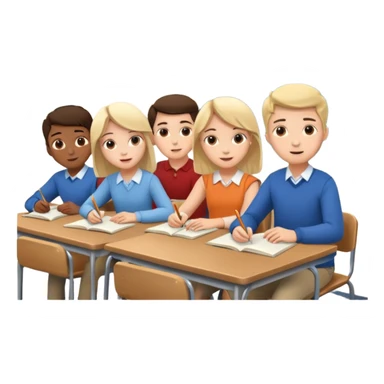 five friends sitting at desks studying in a classroom sticker