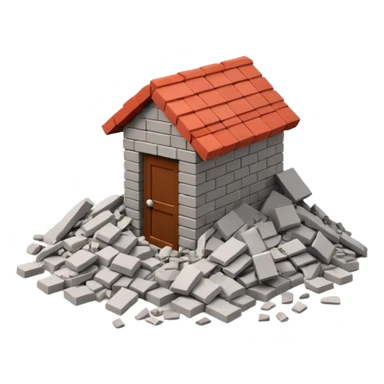 3D iPhone style emoji of a pile of bricks, roof pieces, and wall rubble, scattered and broken, isolated on white background, soft shadows, high detail, playful and cute sticker