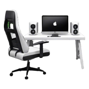 An isometric 3D room with two walls that meet at the back left and right. The floor is made of gray wood. The room is decorated in a modern black and white style. In front of the window is a wide desk with a large monitor and an open laptop, with a black gaming chair next to it. sticker