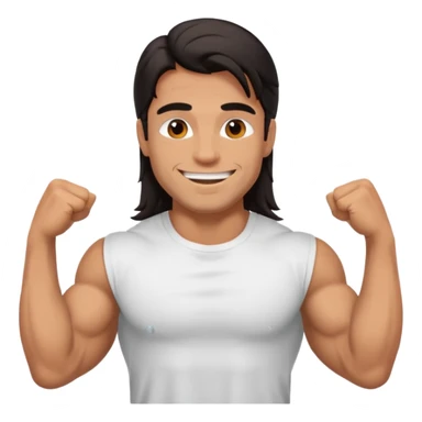muscled happy guy, long dark hair, t-shirt sticker