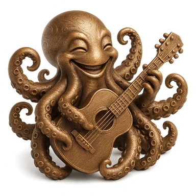 smiling octopus with extra arms holding a guitar, bronze sculpture style sticker