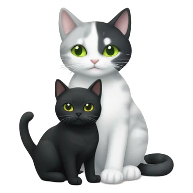 grey and white cat with green eyes, cuddling with an all black cat with yellow eyes sticker