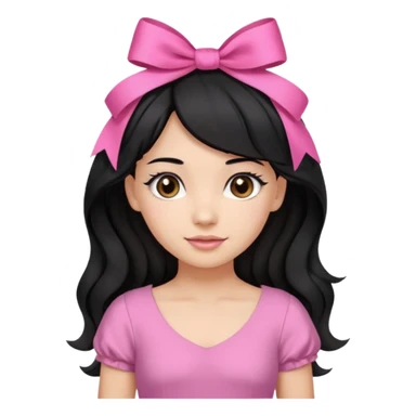 Beautiful girl with black hair in a half-up half-down hairstyle with pink ribbon tying the top half, waves at the ends, brown eyes, light skin, slight smile, and pink dress sticker