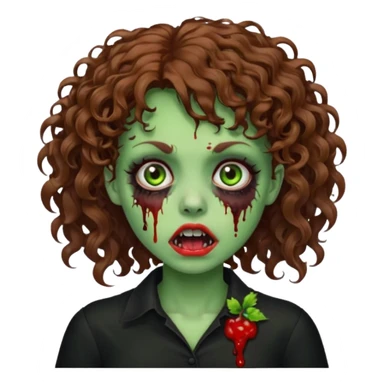 Green zombie emoji girl with curly Brown hair, with curly bangs, wearing a black bluse, blood Just in the tongue  sticker