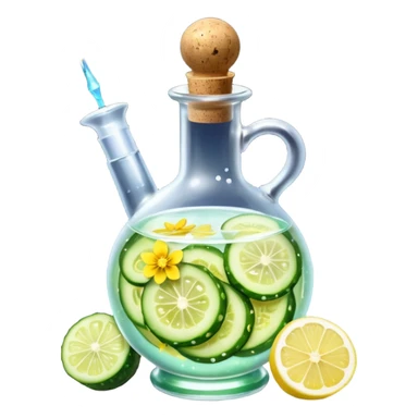 potion bottle with a perfectly round floating bottom, very small cork, very short neck, filled with #00d9ff liquid, inside cucumber slices, lemon slices, ice cubes, edible flower petals, and magical sparkles, soft lighting, transparent glass, clean background, fantasy style sticker