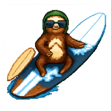 Add sunglasses to the sloth while surfing in pixel art style. Remove the background. sticker