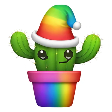 Rainbow cactus with a Christmas hat on and a cute smiley face sticker