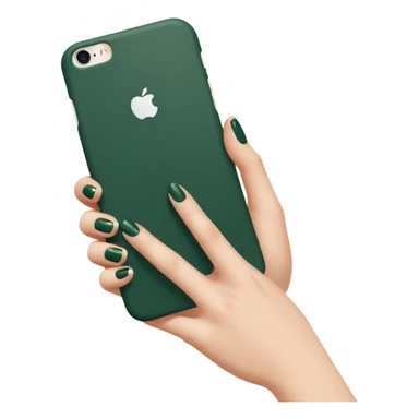 white iPhone with dark green case, female hand with nude manicure holding the phone, slightly side view, emoji style sticker