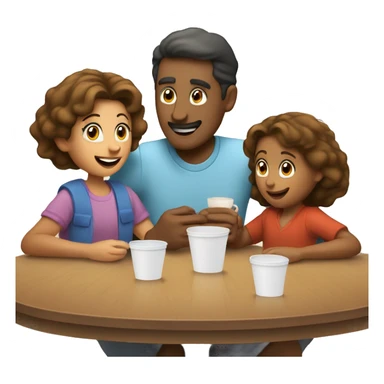 An emoji of a family—mother, father, and child—sitting at a table, playing a cup game with paper cups arranged on the table as they have fun together sticker
