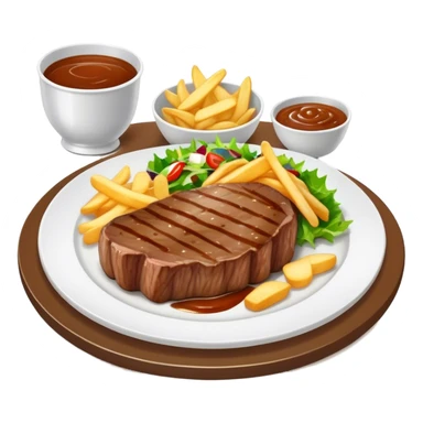big juicy australian steak meal featuring chips, small salad in a ramikan and gravy in a small bowl on the plate sticker