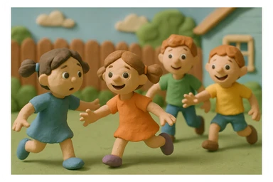 Children playing tag in a backyard, claymation style, pastel colors, visible fingerprints, matte plasticine texture. sticker