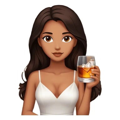 Beautiful woman in 1950’s woman fashion look, white dress, long dark brown hair, whisky with ice sticker