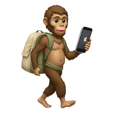 Draw an Australopithecus walking like a nomad, carrying a cloth bundle on its back, holding an iPhone in one hand and an open laptop with the screen visible in the other hand, in a cute flat iPhone emoji style. sticker