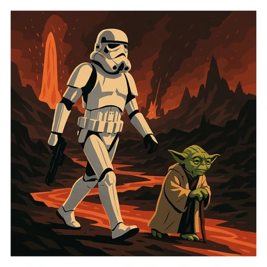 vector art of a Starwars stormtroopers is walking on lava planet with yoda, battleground background 
 sticker