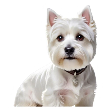 Cinematic Noble West Highland White Terrier Portrait Emoji, Poised and regal, with a compact, sturdy build and a pristine, well-groomed pure white coat, deep-set soulful dark eyes, Simplified yet sharp and sophisticated features, highly detailed, glowing with a soft, dignified glow, high shine, intelligent and loyal, stylized with an air of confidence, focused and attentive, soft glowing outline, capturing the essence of a watchful and determined companion, so majestic it feels as though it could trot out of the screen with effortless authority! sticker