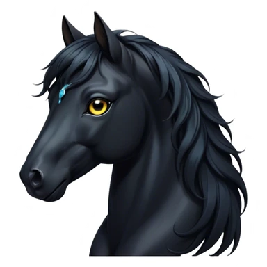 Cinematic Elegant Black Horse Portrait Emoji, Head held high with a serene, powerful gaze, showcasing a magnificent jet-black fur with a radiant, glossy finish, a flowing mane and tail, and piercing dark eyes exuding beauty and strength, Simplified yet majestically refined features, highly detailed, glowing with a soft, ethereal light, high shine, poised and breathtaking, stylized with an air of pure elegance, capturing the essence of a stunning and graceful steed, so beautiful it feels like it could gallop out of the screen with effortless charm! sticker