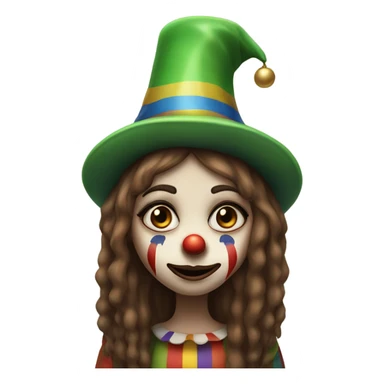 Sad clown girl with clown face paint wearing cap n bells cockcomb jester hat with long straight brown hair exaggerated expression on her face  sticker