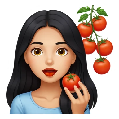 Pretty tanned girl with long black hair, eating tomatoes sticker