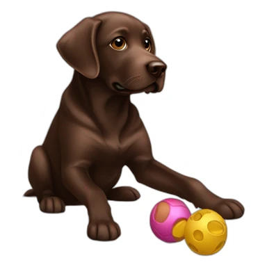Chocolate labrador playing with toy sticker