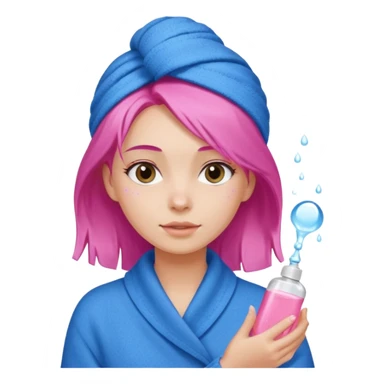 A girl grabbing a pink hair serum with a white shower towel in her hair with skincare on her face dressed in a blue sweater sticker