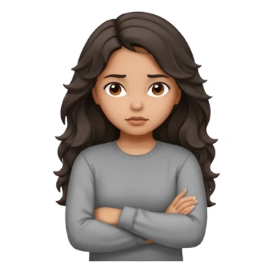 Hispanic girl with long dark brown wavy hair arms folded and  pouting. Gray long sleeve sticker
