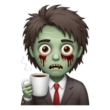A cute but exhausted office worker character looking like a zombie, holding a giant cup of coffee, dark circles under eyes, messy hair, flat 2D vector art, white background, "Monday Vibes" text. cute sticker