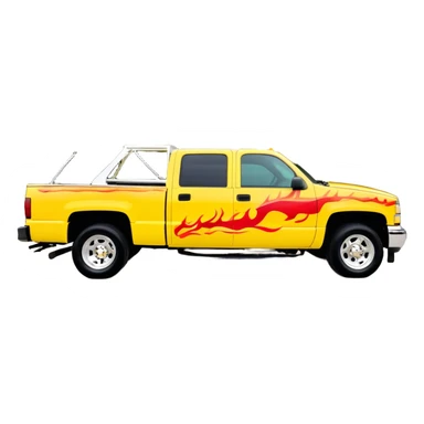 Yellow 1997 Chevrolet C-2500 Crew Cab Silverado with airbrushed red flame artwork on the hood and front fenders, custom painted flames like in Kill Bill movie, 30-degree view, iOS emoji style sticker