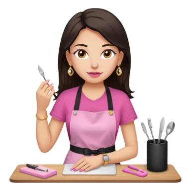 Fille cheveux long châtain foncé, peau beige type européen yeux marron, teeshirt rose avec un tablier noir, piercing au nez anneau doré, boucle d’oreille type diamant doré. Elle fait les ongles nail artiste sticker