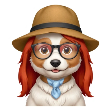 white dog with very red long hair and glassess and hat sticker