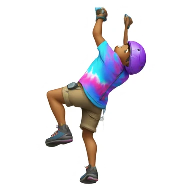 a climber climbing a rock climbing wall with no helmet and tie dye shirt sticker