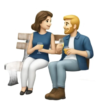 couple with white skin people and brown hair, sitting closely on a park bench, enjoying a romantic moment. One person is holding a croissant, and the other is holding a glass of Prosecco.  sticker