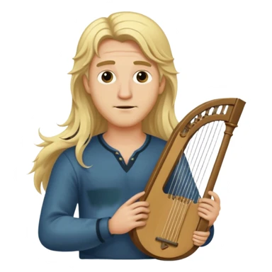 Man with long blonde hair careless holding a lyre sticker