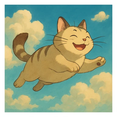 whimsical flying cat with clouds, ghibli style sticker
