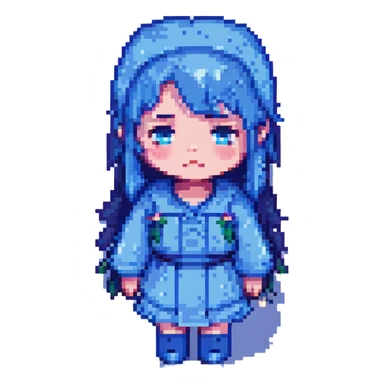 sad girl, simple and cute, blue tones, pixel art style sticker