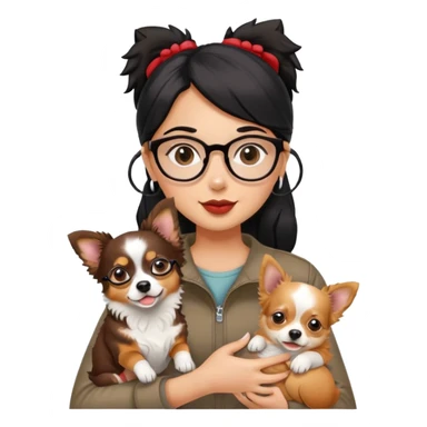 A black hair girl with glasses is holding two dogs. One dog is a red Merle color mini Australian shepherd and the other dog is a small golden color mixture of chihuahua and golden retriever  sticker