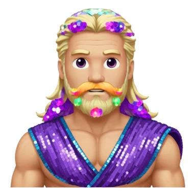 Zeus from Olympus Gods with long blonde hair and beard, purple sequin loincloth sticker