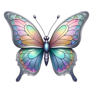 Pastel sparkly grey glittery iridescent rainbow transparent butterfly with detailed intricate patterns sticker