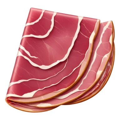 thin folded slices of cured ham two to three, deep pink to red, marbled with white fat, smooth and slightly translucent, soft curled edges, tender air-dried cut, apple emoji style, soft lighting, emoji scale sticker