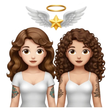 fake angel pose — long wavy brown hair tattooed woman and short tight curly brown hair woman — halo sparkle sticker