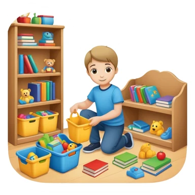child tidying up their room, putting toys and books away, cheerful and organized sticker