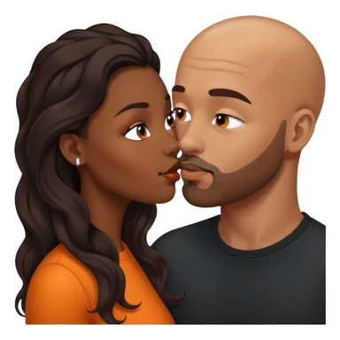 ebony black women with long brown/black balayage wavy hair.  kissing bald white man. White man has orange facial hair sticker