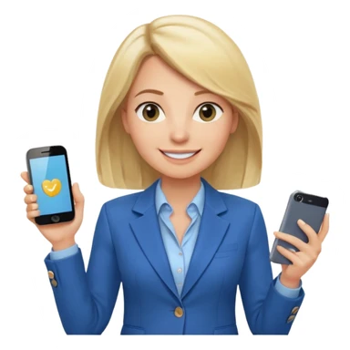 Confident and outgoing female entrepreneur, Caucasian features, shoulder-length blonde hair, big friendly smile, expressive eyes, wearing a blue blazer over a light blue blouse, holding a smartphone in one hand, waist-up, front-facing sticker