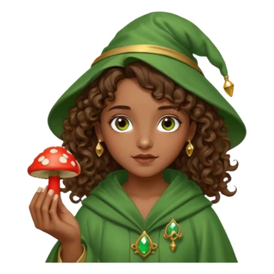 very beautiful italian girl, dark brown eyes, looking like Emma Watson, with curly and big volume very bright brown hair, and a golden piercing ring in nose on left side, dressed in a beautiful wizard robe of green colors, holding red fly mushroom sticker
