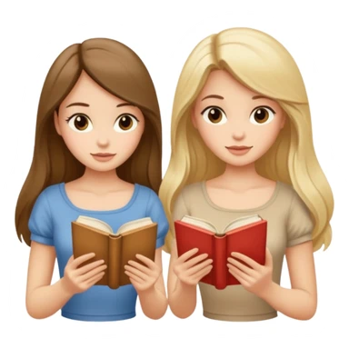 two beautiful girls in beige tops reading a beautiful vintage book. one brunette, the other blonde. both with long hair with sticker