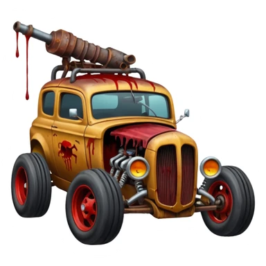 A mad max style hot rod in a zombie apocalypse, driving to the left. In the style of your bleeding skull art sticker