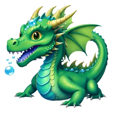 a green dragon with bue teeth breathing bubbles (full body) sticker