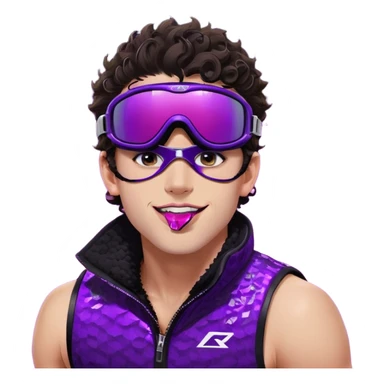 close-up of cool guy male athlete with white skin and moderately curly dark brown hair on top with shaved sides, with one purple ski goggle lens pushed up above his eyes on his forehead, sticking his tongue out of his mouth, wearing only a plain black chain necklace around his neck, and a completely unzipped sleeveless vest with purple and black sequin fire pattern design with no logo, clearly showing he is shirtless underneath with exposed chest and abs sticker