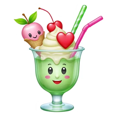 Create an emoji with a clear rounded glass, bright transparent green soda, vanilla ice cream scoop, two red cherries, pink heart-shaped straw, simple shapes, bright colors, glossy, kawaii style, centered, transparent background
 sticker