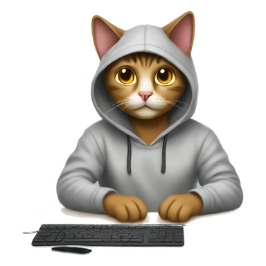 cat is a graphic designer in a hoodie and headphones, working at a computer in photoshop sticker